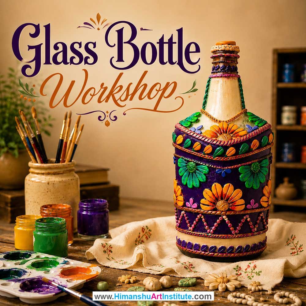 Glass Bottle Painting Workshop for Young and Adults in Delhi, Online Glass Bottle Painting Workshp for Young and Adults, Best Art & Craft Workshop for Adults near Me