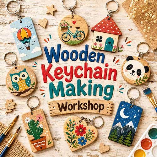 Online Wooden Keychain Making Workshop, Wooden Keychain Making Workshop for Adults, Wooden Keychain Making Workshop Near Me, Art & Craft Workshops for Adults, Best Wooden Keychain Making Workshop in Delhi, India, Himanshu Art Institute