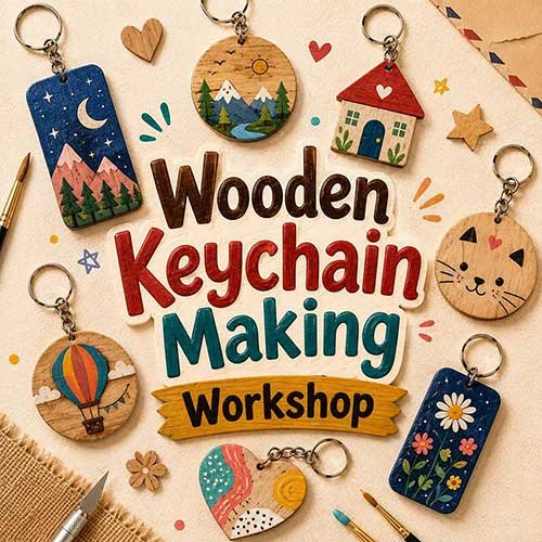 Corporate Wooden Keychain Workshop, TITLE Workshop for Corporate, Art & Craft Workshops for Corporate, DIY Workshop for Corporate, Wooden Keychain Activity for Corporate, DIY Activities for Corporate, Best Wooden Keychain Workshop for Corporate in Delhi, Gurugram, Gurgaon, Noida, India, Himanshu Art Institute