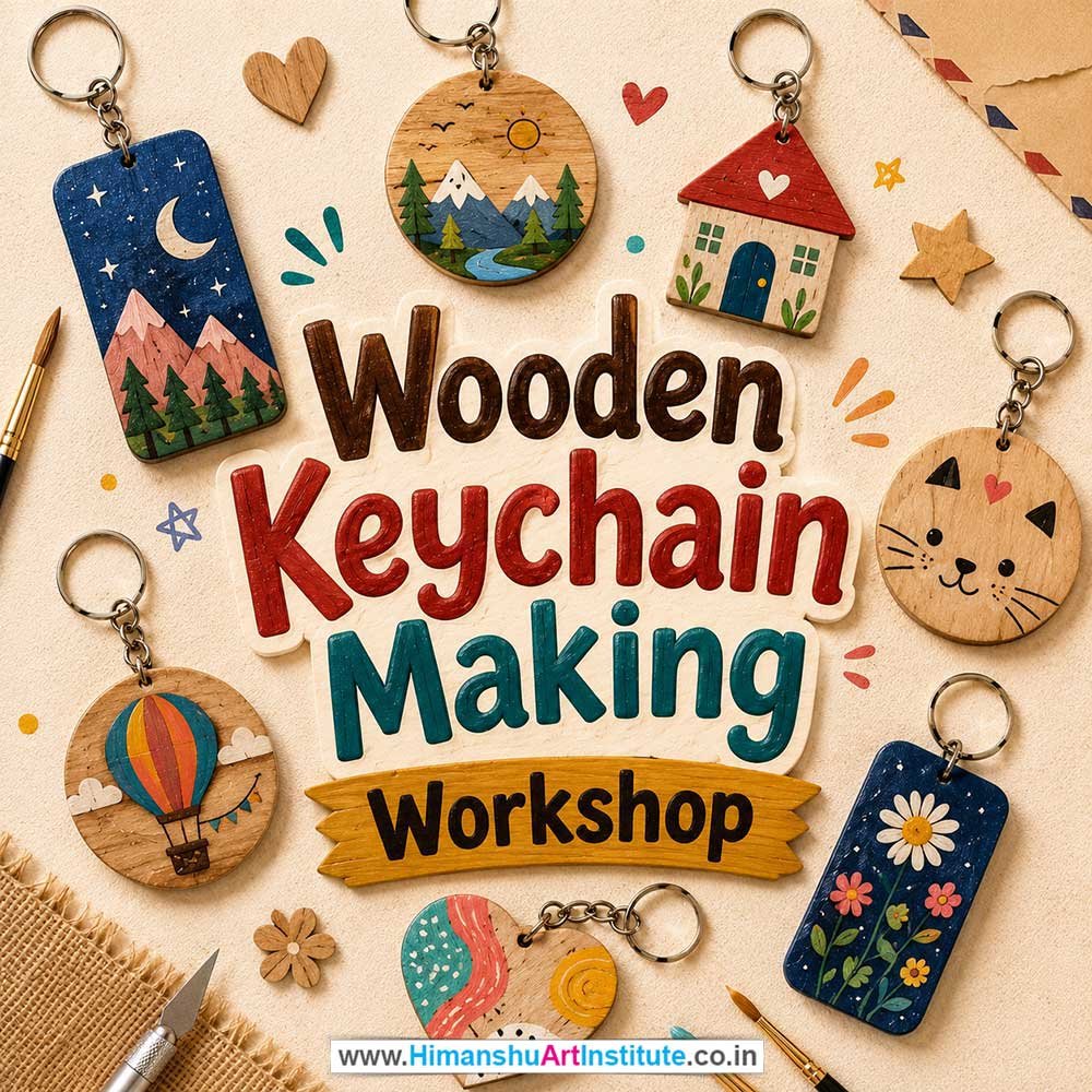 Wooden Keychain Making Workshop for Corporate Companies, Wooden Keychain Making Workshop for Corporate Employees, Wooden Keychain Making Workshop for Corporate Clients, Wooden Keychain Making Workshop for Office Events, Art & Craft Activity for Corporate Companies, Himanshu Art Institute