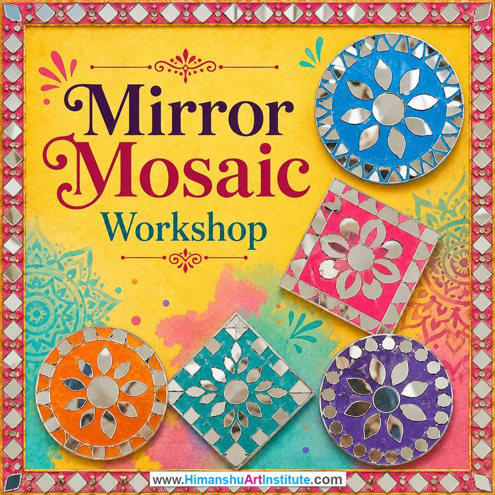Mirror Mosaic Workshop for Foreigners Mirror Mosaic Workshop for Foreigners, Mirror Mosaic Workshop for Foreigners in Delhi, Online Mirror Mosaic Workshop for Foreigners, Indian Folk Art Classes for Foreigners, Indian Art Workshop for Foreigners, Himanshu Art Institute