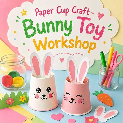 Online Paper Cup Bunny Toy Workshop, Paper Cup Bunny Toy Workshop for Kids, Paper Cup Bunny Toy Workshop Near Me for Children, Art & Craft Workshops for Kids, Art & Craft Activities for Children, Best Paper Cup Bunny Toy Workshop for Kids in Delhi, India, Himanshu Art Institute